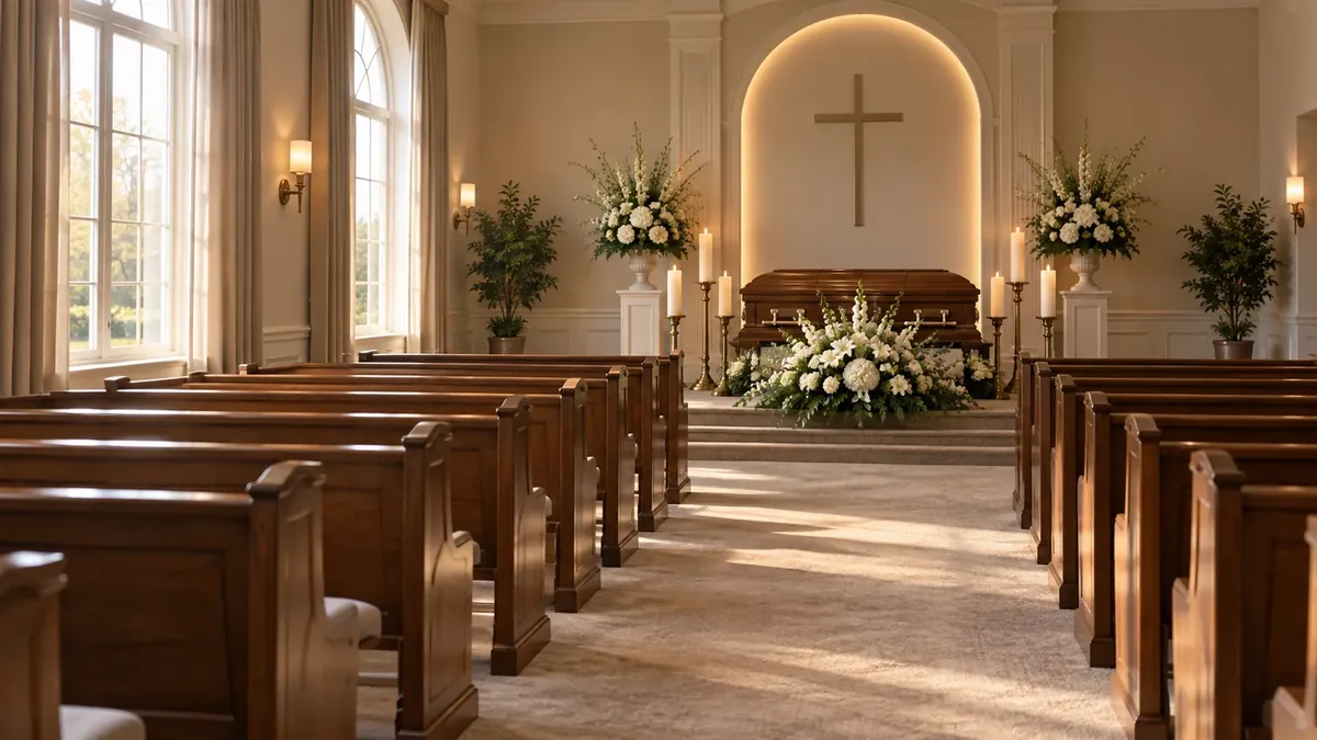 A quiet chapel with rows of wooden pews, white flowers, candles and a casket beneath a cross, in soft window light