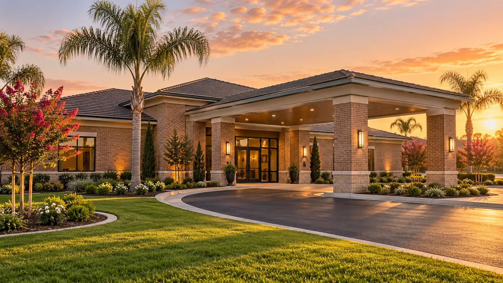A single-storey brick building with a covered entrance, palm trees and a lawn at sunset