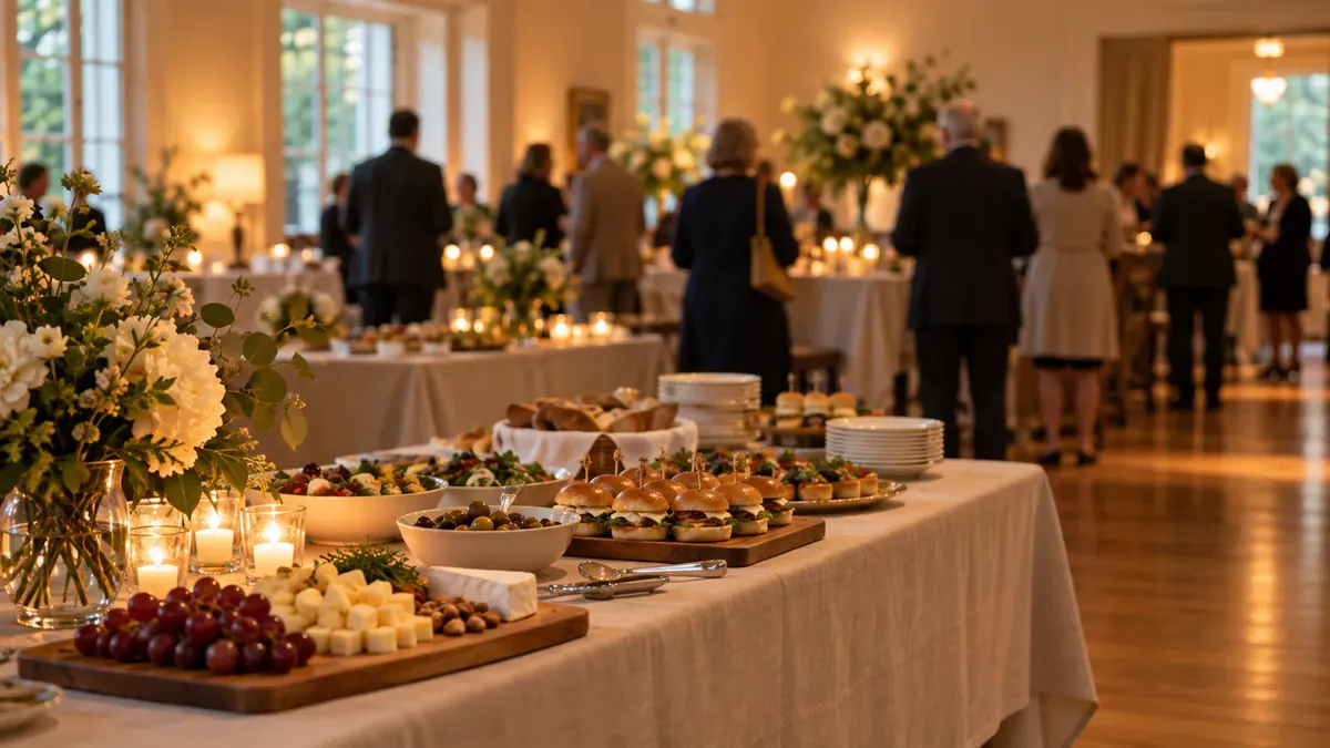 A reception room with a table of food, candles and flowers, and guests standing together in the background