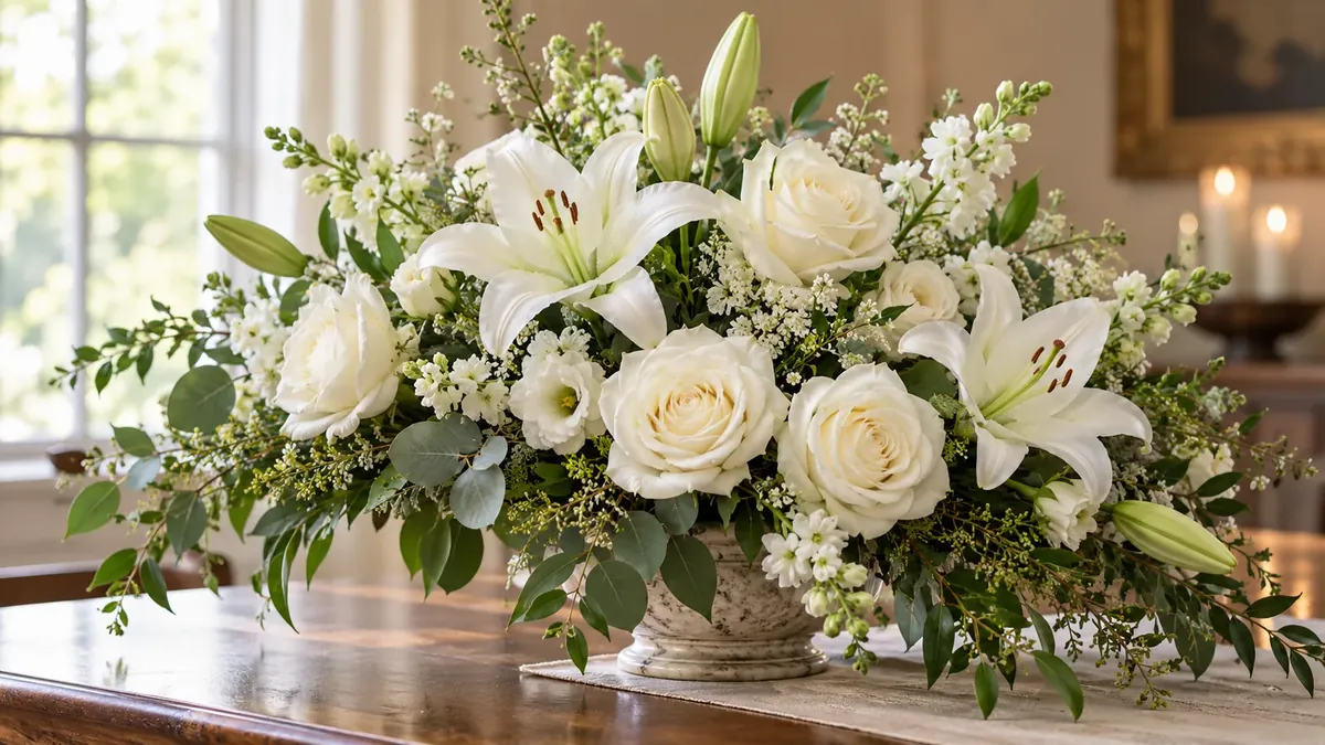 An arrangement of white lilies, roses and greenery on a wooden table