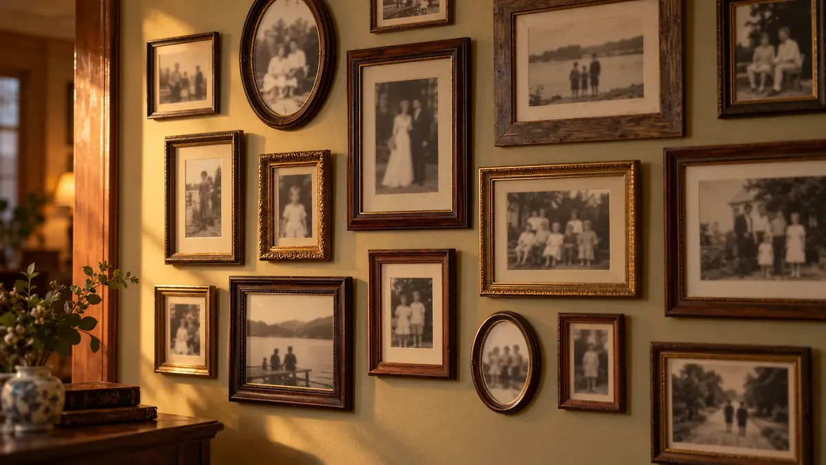 A wall of framed black-and-white family photographs in warm lamplight