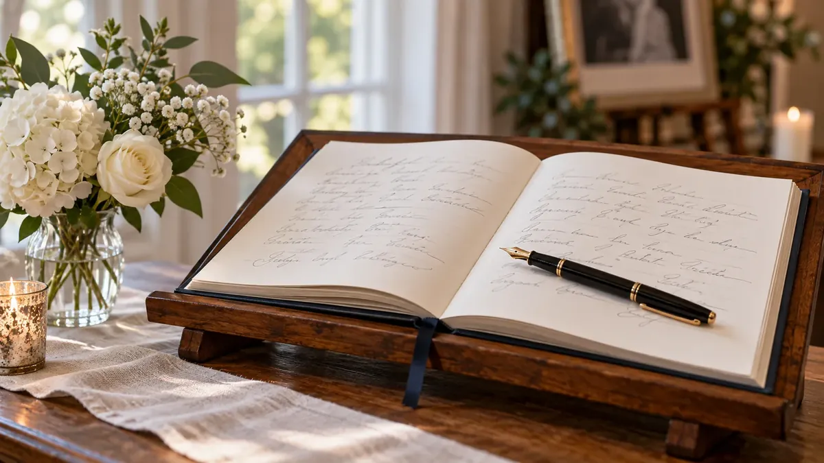 An open guest book on a wooden stand with a fountain pen resting on its handwritten pages, beside white flowers