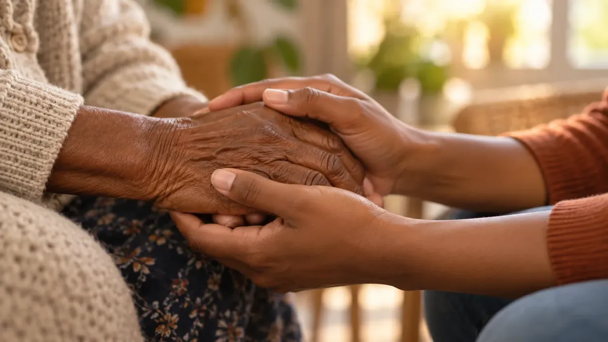 Close view of one person holding an older person’s hand in both of theirs