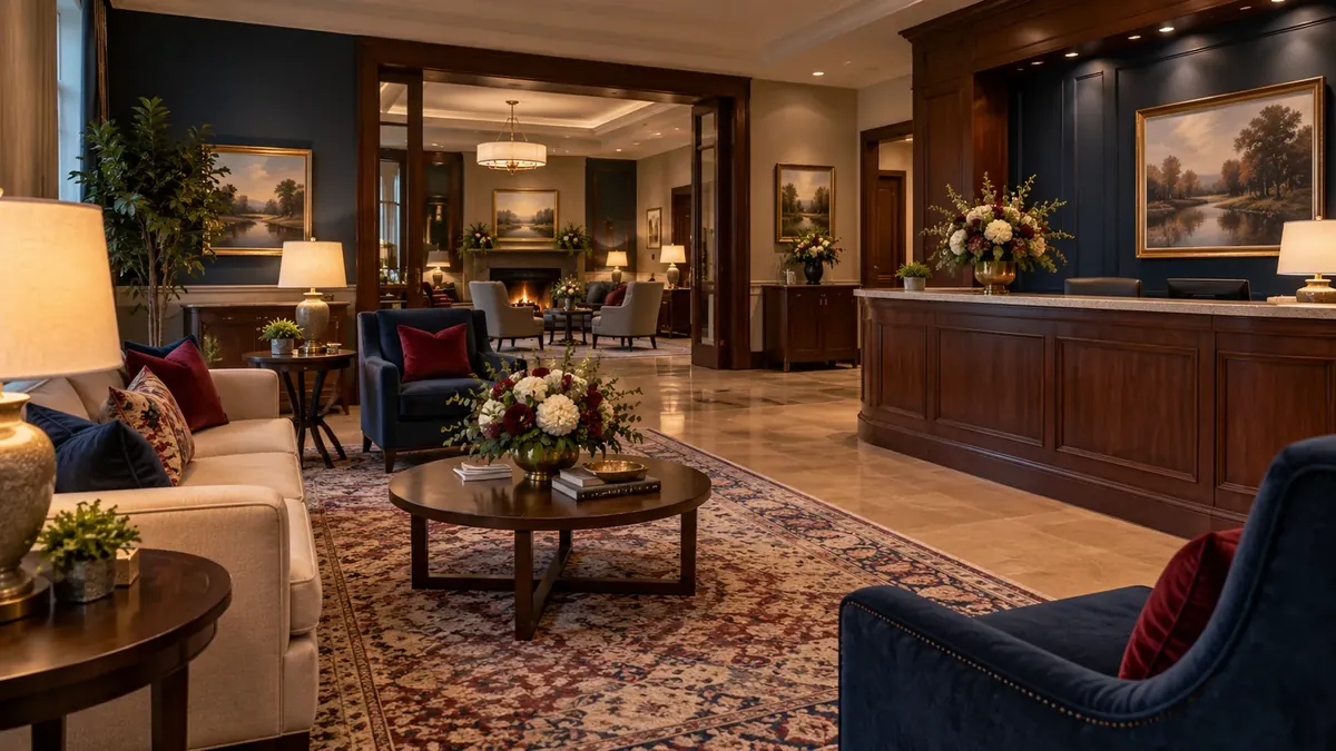 A lobby with navy armchairs, warm lamps, a patterned rug and a wooden reception desk
